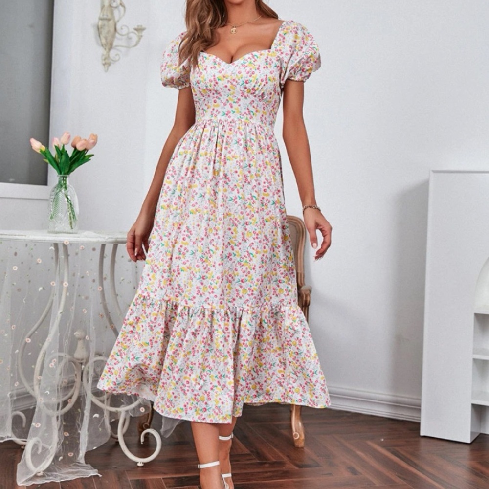Floral Print Sweetheart Midi Dress
